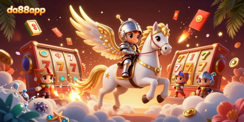 Engage with exciting gameplay at da88app, showcasing a celestial horse and knight amidst dynamic casino elements.