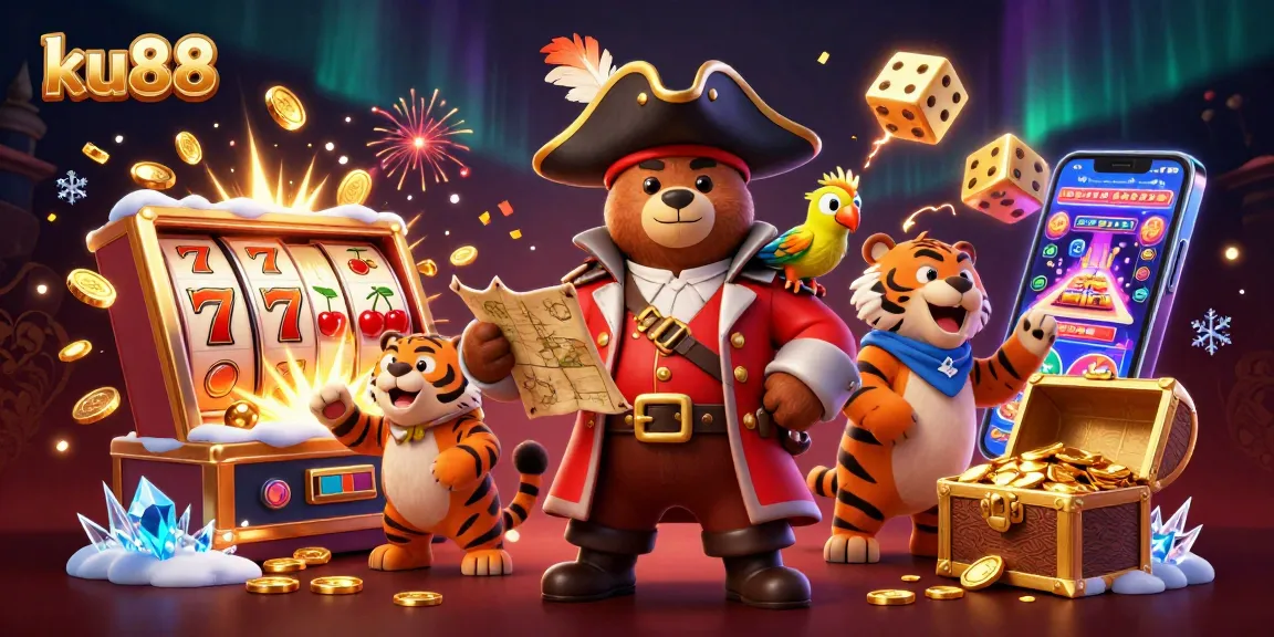 Experience thrilling jackpots with ku88's pirate-themed illustration featuring a bear, tiger, and gold-filled slot machine.