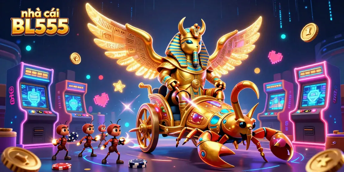 Experience the thrilling world of nhà cái BL555 with a vibrant casino-themed illustration featuring a golden scarab and poker action.
