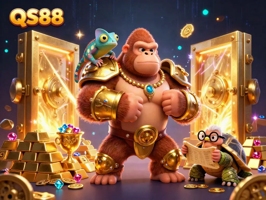 Experience the excitement of QS88 with a powerful king, a colorful chameleon, and an ancient scroll amidst treasures in this dynamic casino scene.