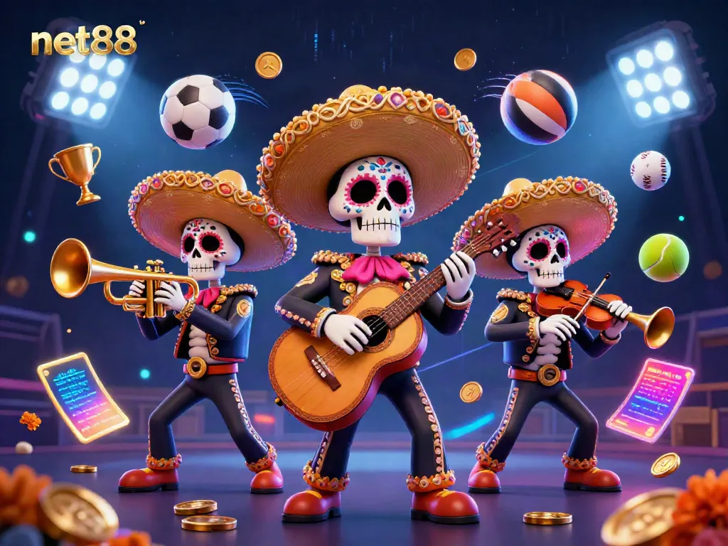 Experience thrilling action with net88's mariachi skeleton band amidst dynamic sports elements and glowing visuals.