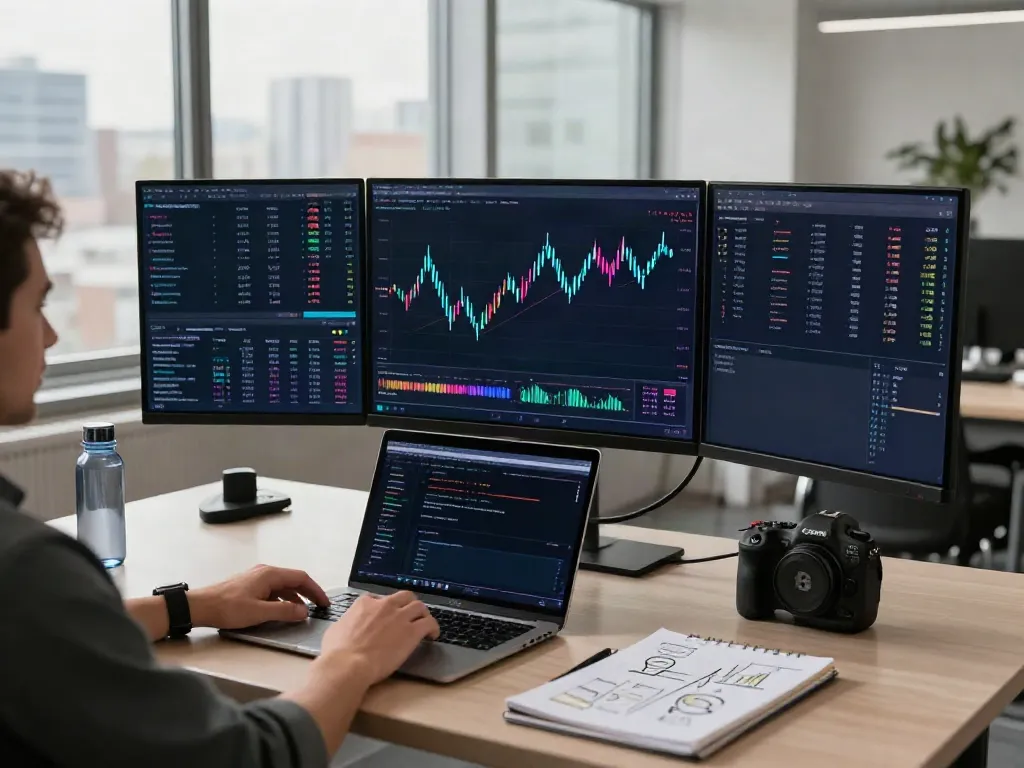 YouTube channel showcasing cryptocurrency trading insights and digital wallet management in a modern workspace