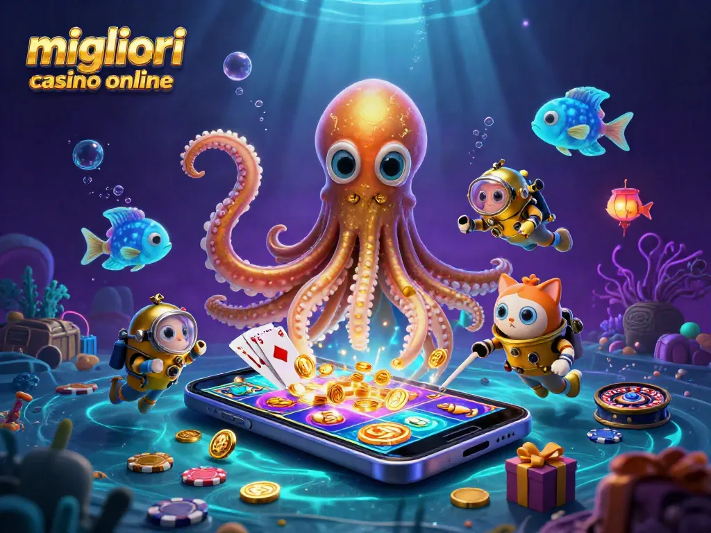 Scopri i migliori casino online con slot e giochi interattivi in un'illustrazione vivace e dettagliata.