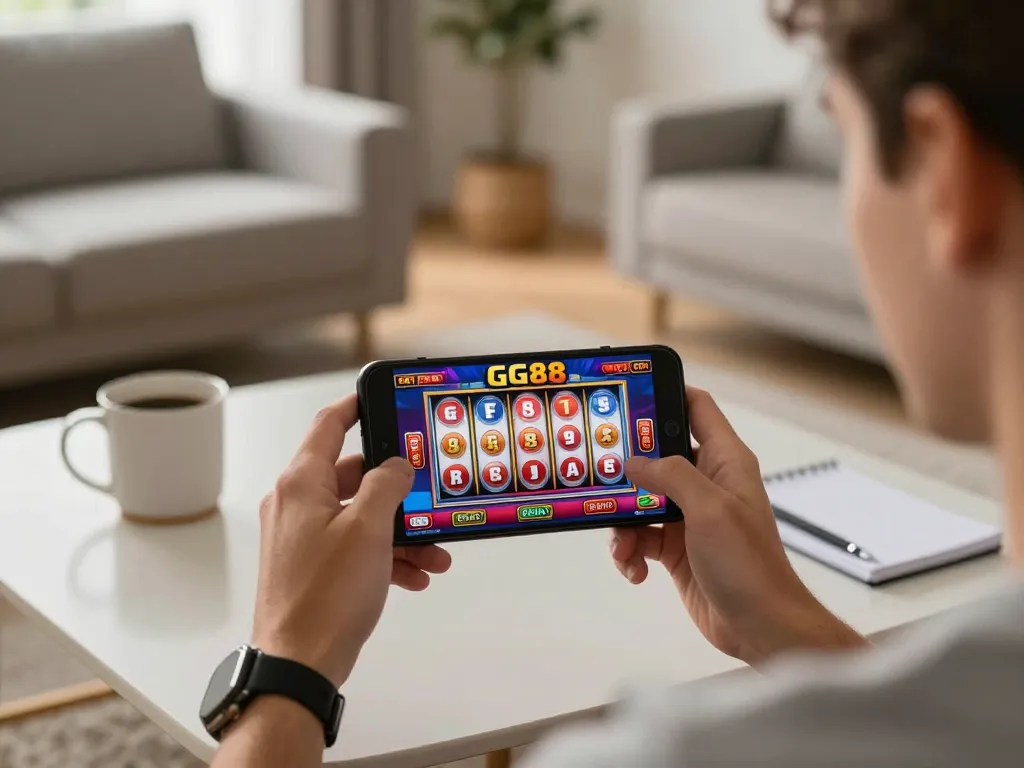 Engaging in thrilling GG88 online casino gaming on mobile while enjoying a cozy home atmosphere.