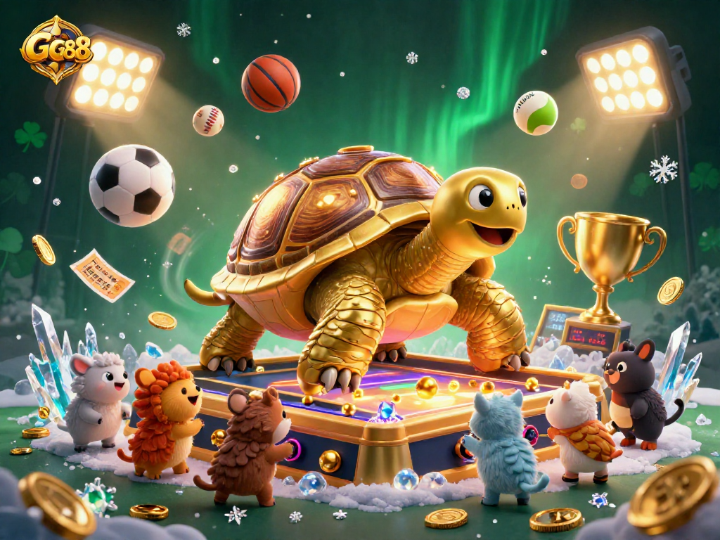 Engage with GG88's exciting gaming experience as animated characters play a vibrant pinball machine under dynamic stadium lights.
