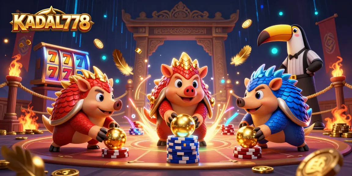KADAL778 lively scene with rival pangolins bowling through poker chips, showcasing energetic gameplay.