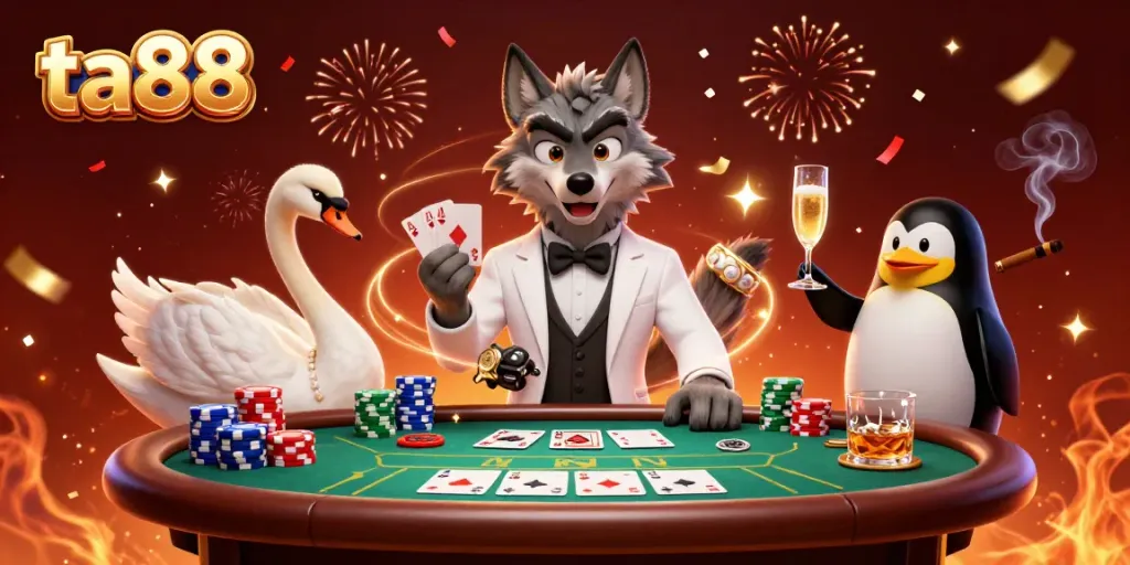 Engage with ta88's elegant gaming scene featuring luxury characters in a lavish casino setting.