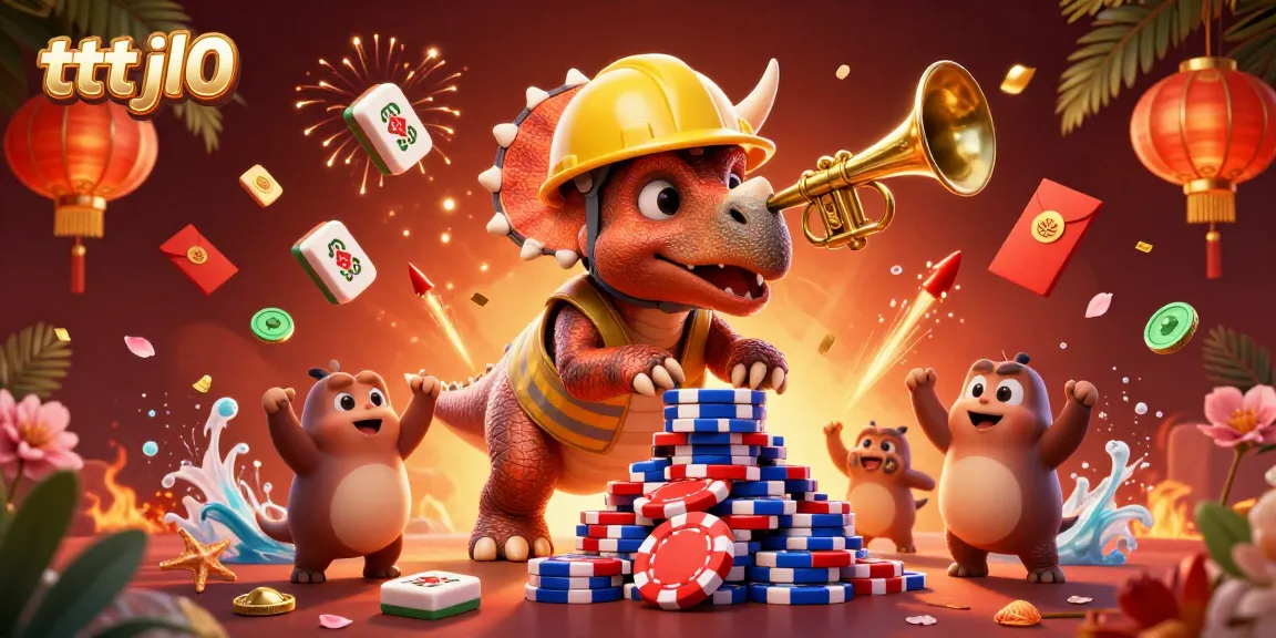 tttjl0 showcases a dynamic 3D casino scene with triceratops and festive gaming elements.