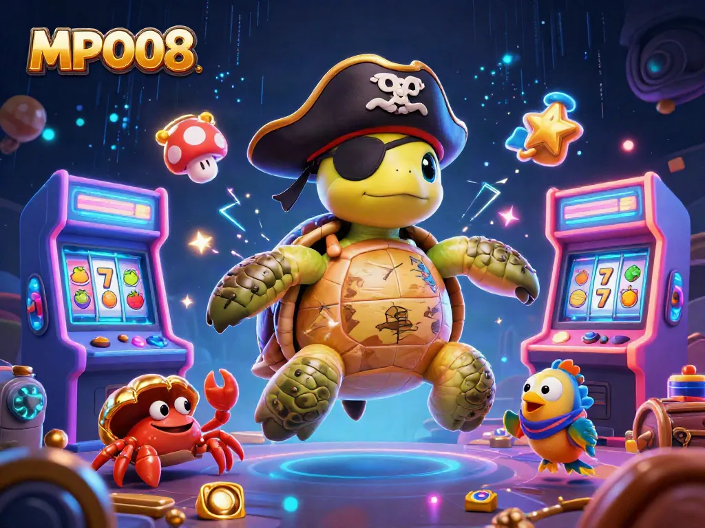MPO08 showcases a pirate turtle and friends conquering slot games in a vibrant casino scene.