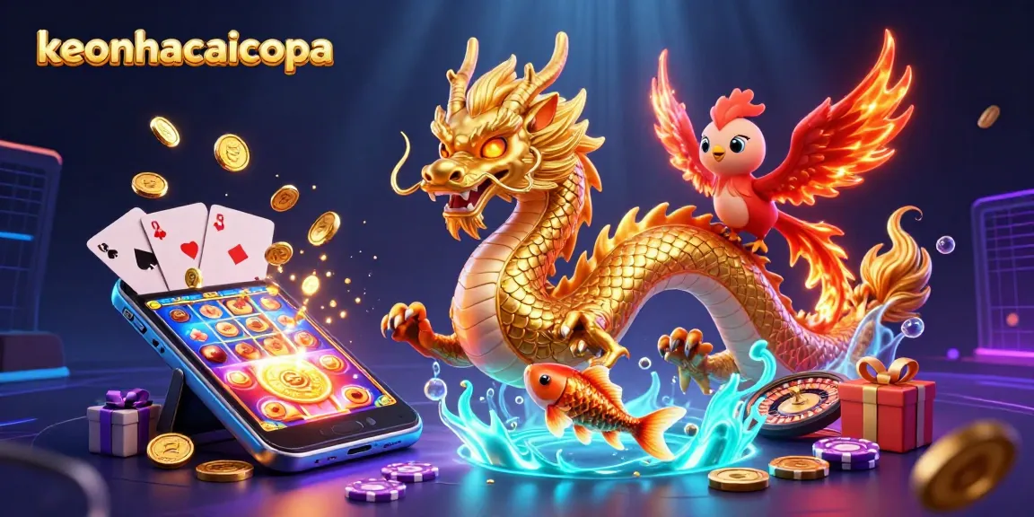 Engage with keonhacaicopa's vibrant casino scene featuring a dragon, phoenix, and koi fish.