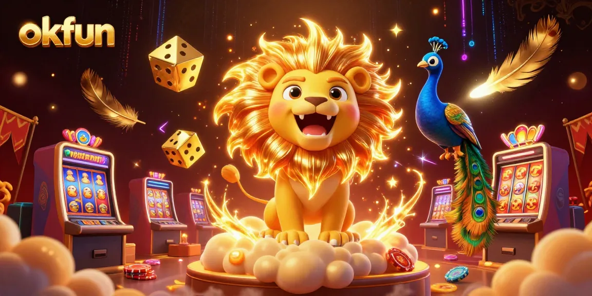 okfun showcases vibrant slots and a roaring lion in a dynamic casino illustration.