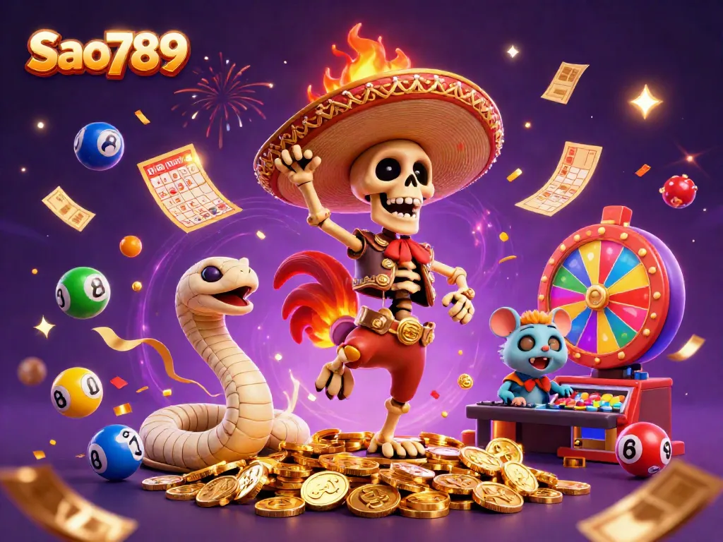 Engage with Sao789's vibrant lottery scene featuring colorful elements and animated characters.