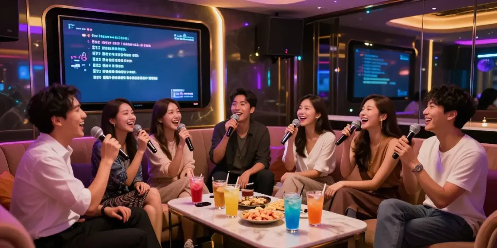 강남 달토의 럭셔리 가라오케에서 친구들이 함께 노래하고 즐기는 모습