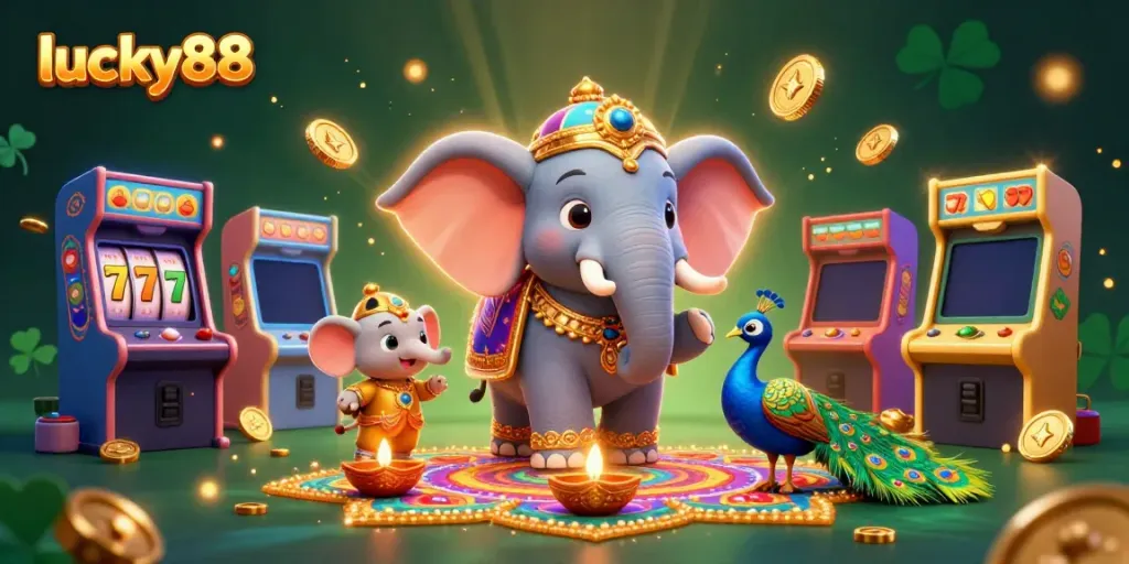 Engage with lucky88 through an exciting casino scene featuring cartoon characters and vibrant gaming elements.