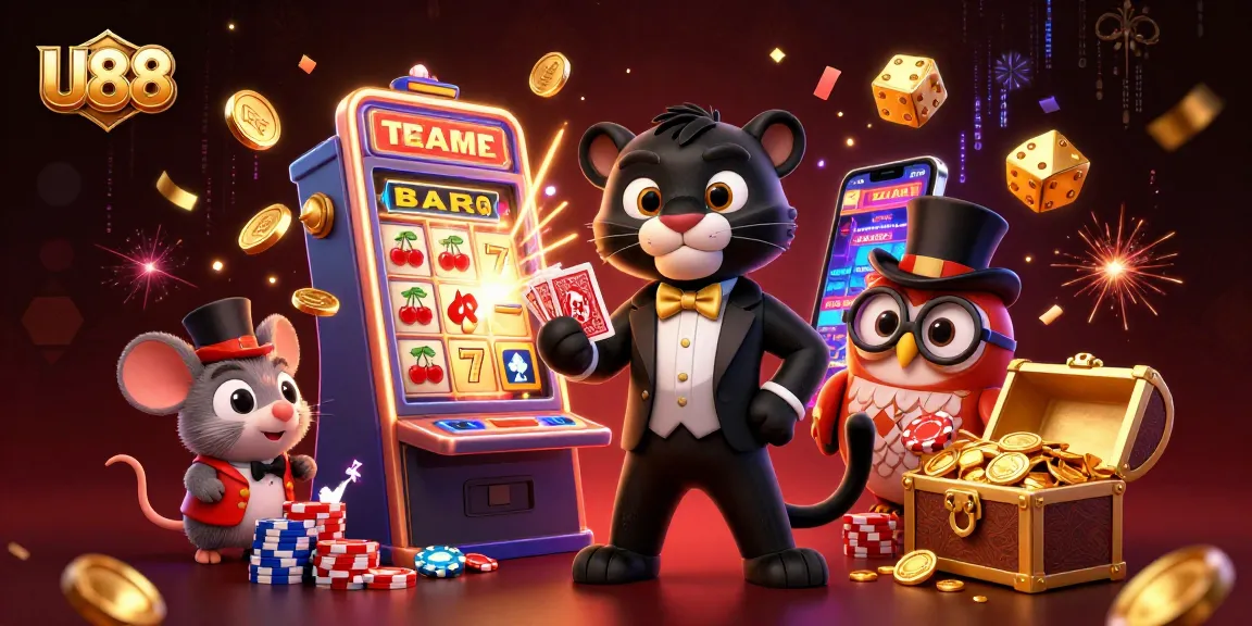 U88 players celebrate winning as a stylish black panther deals cards surrounded by massive jackpot excitement
