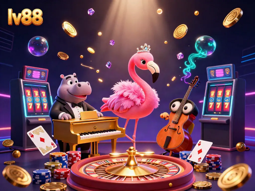 Experience excitement at lv88 with a vibrant casino scene featuring a flamingo singer and hippo bassist.