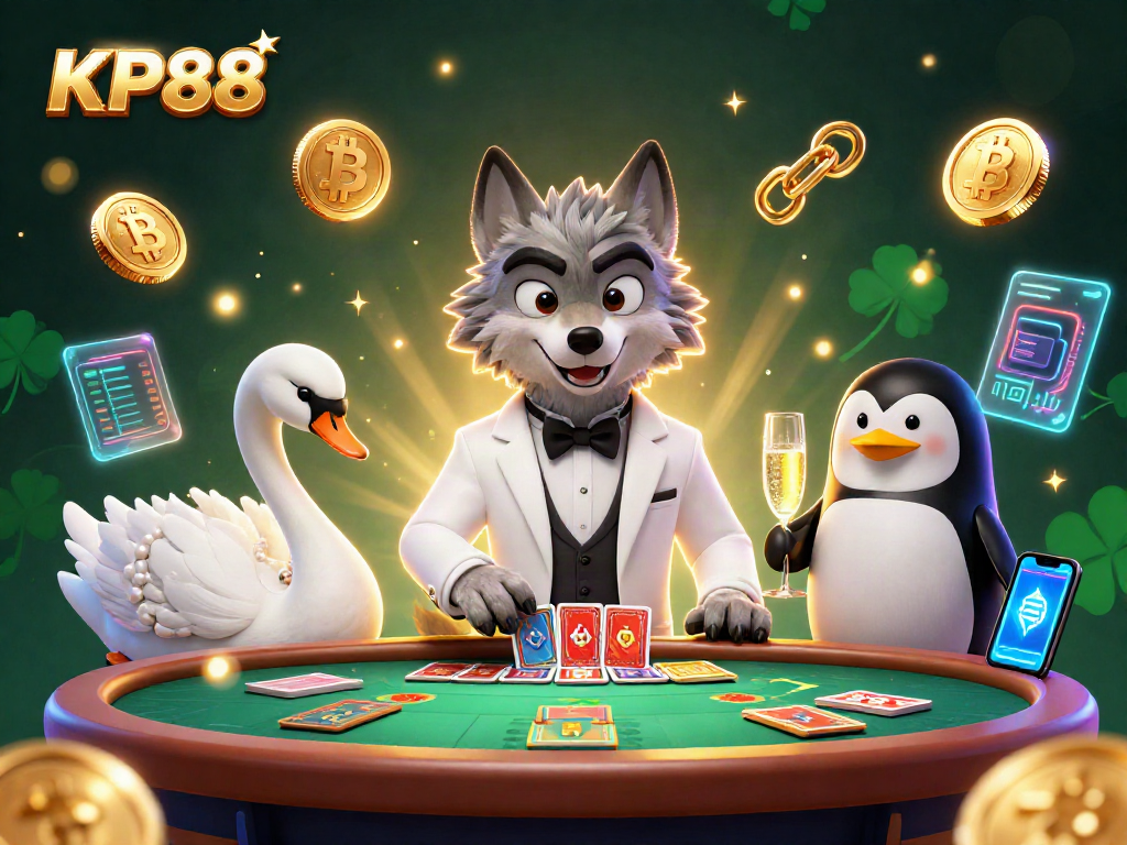 Experience the thrill of KP88 gaming with a debonair wolf, swan dealer, and penguin sommelier.
