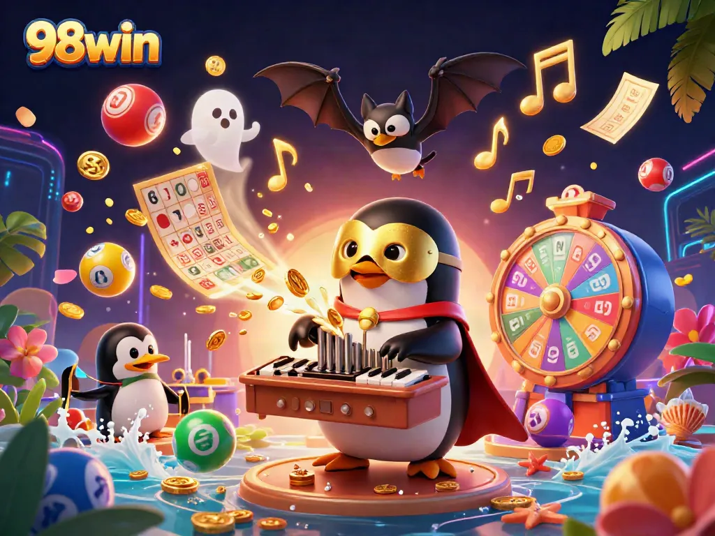 Engage with the thrilling world of 98win, where golden coins rain down and vibrant lottery balls bounce energetically.