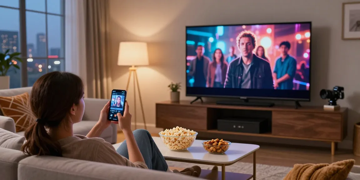 Pikashow APK user enjoying movies in a cozy living room, vibrant screen and snacks visible.