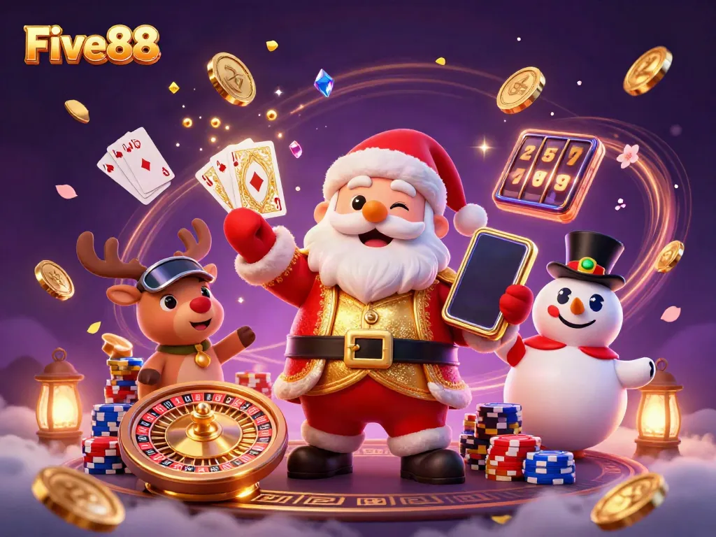 Five88 offers a vibrant casino experience featuring cartoon characters celebrating with jackpots and games.