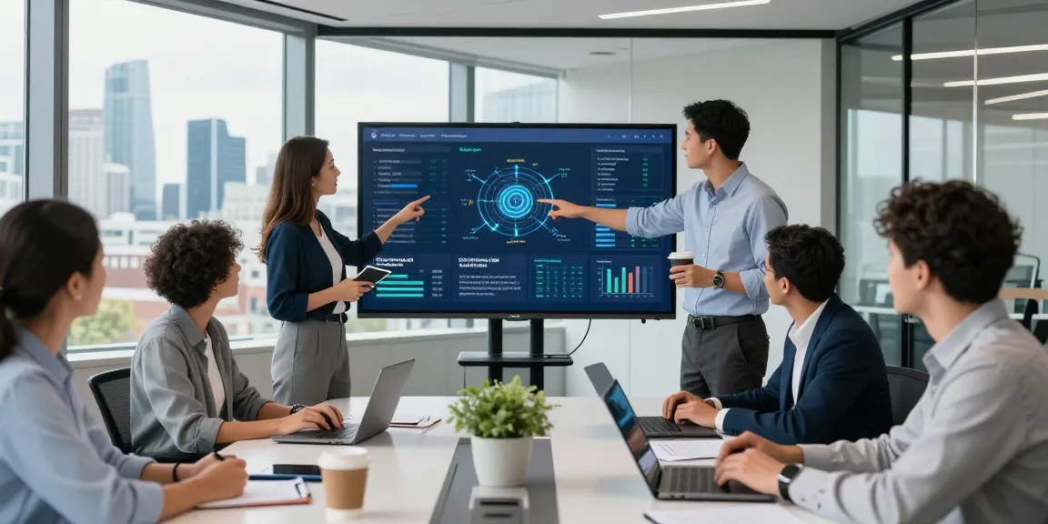 Dynamic office collaboration scene illustrating managed IT services London with professionals discussing cybersecurity analytics in a bright conference room.