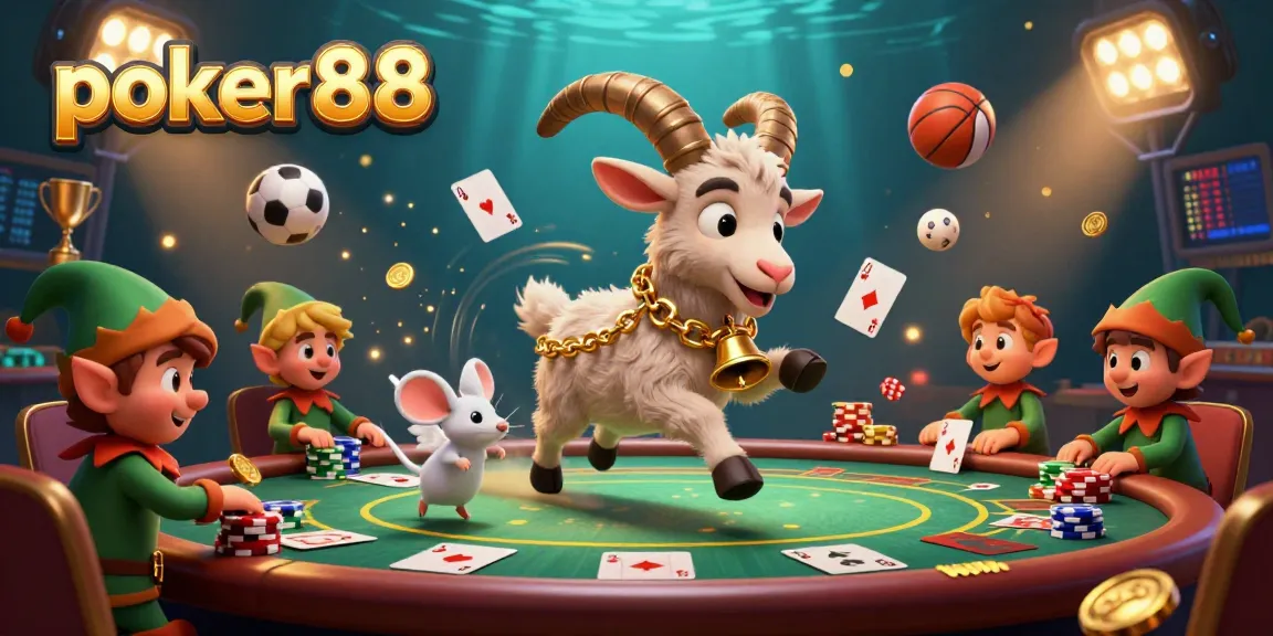 Poker88's festive casino scene featuring lively characters and dynamic poker elements amidst a vibrant atmosphere.