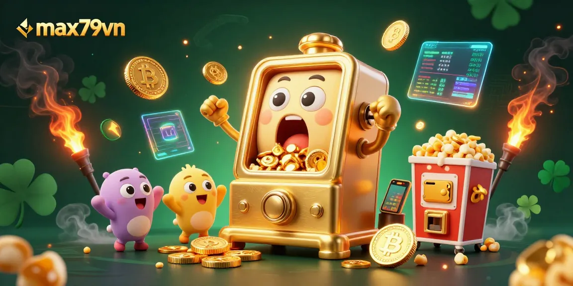Celebrate big wins with max79vn at this vibrant casino scene featuring joyful 3D slot machines.