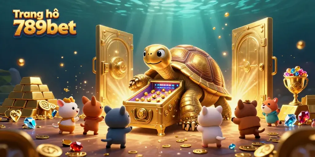 Engage with the fun and excitement on Trang chủ 789bet with a colossal golden tortoise and vibrant casino elements.