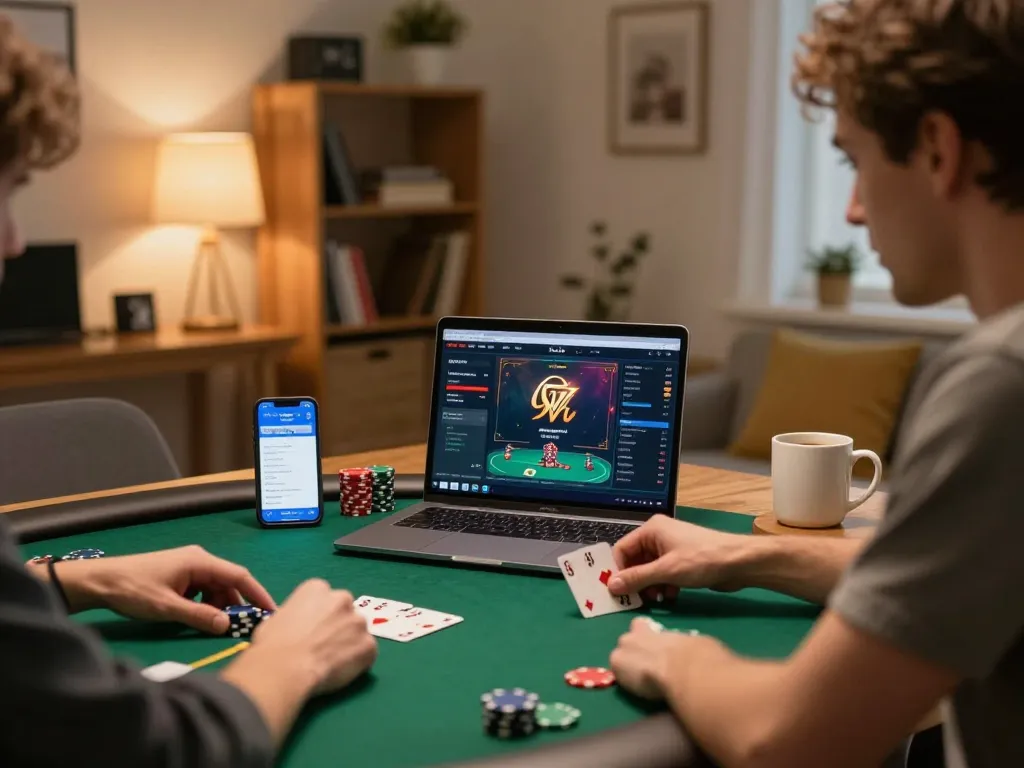 Engaging in online poker with SUNWIN LINK app at a cozy home office setup.