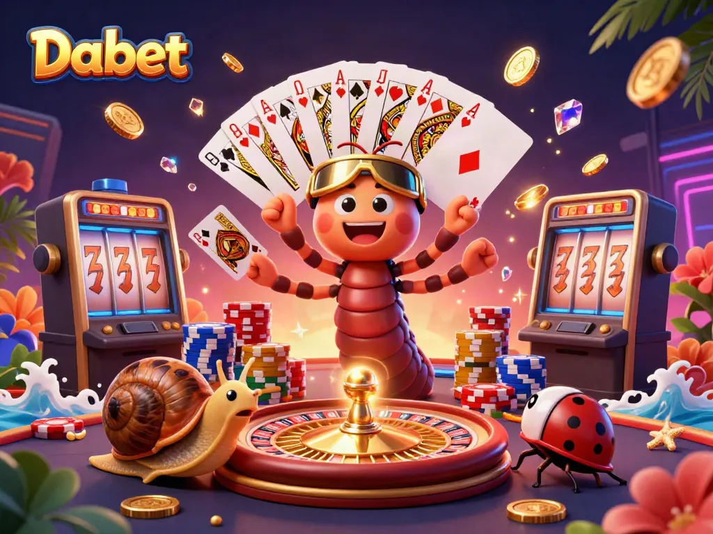 Dabet's bustling casino atmosphere showcases a vibrant 3D scene with a millipede dealer and high-roller characters.