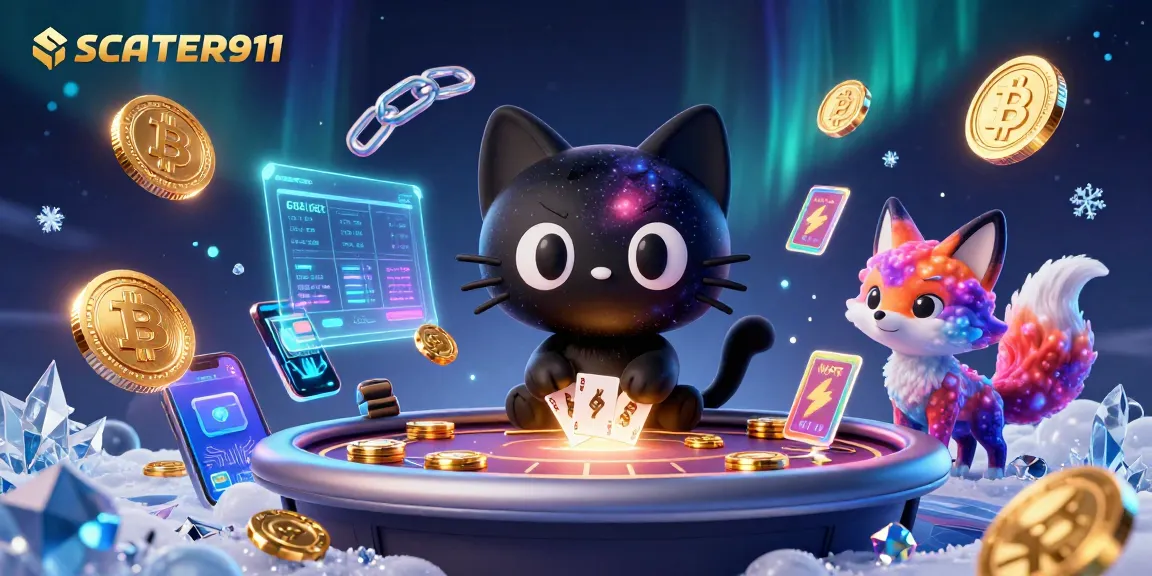 Engage with SCATTER911's cosmic table, as a black hole cat draws in chips and cards.
