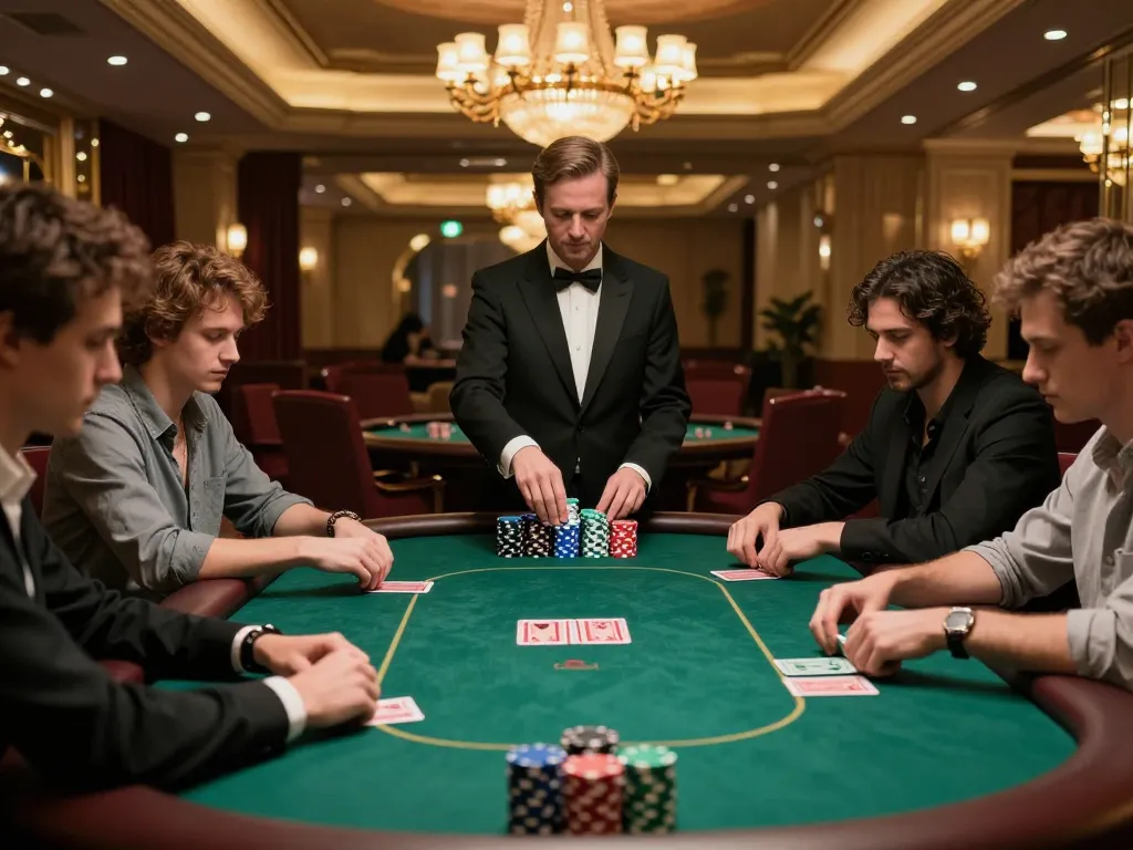 Exciting poker gameplay at qh88go with players strategizing around a luxurious felt table.