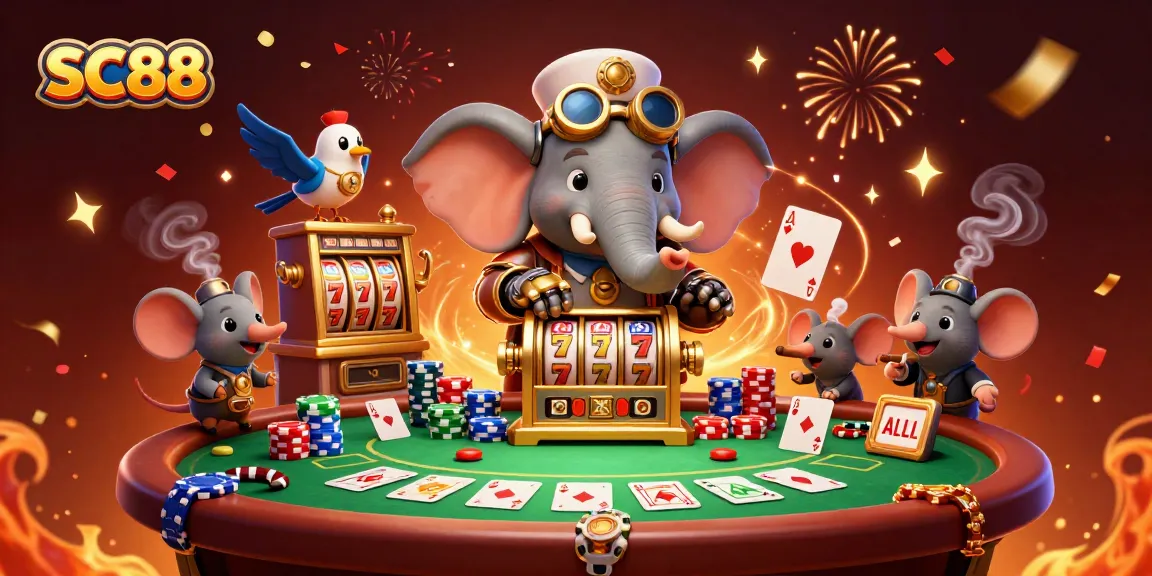 Experience the excitement of SC88 with a lively 3D illustration showcasing vibrant slot machines and poker games.