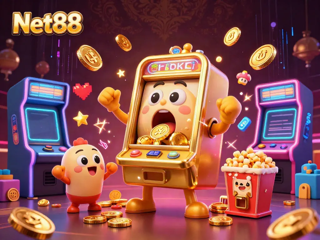 Experience a vibrant Net88 casino scene with a golden slot machine hitting the jackpot and coins flying everywhere.