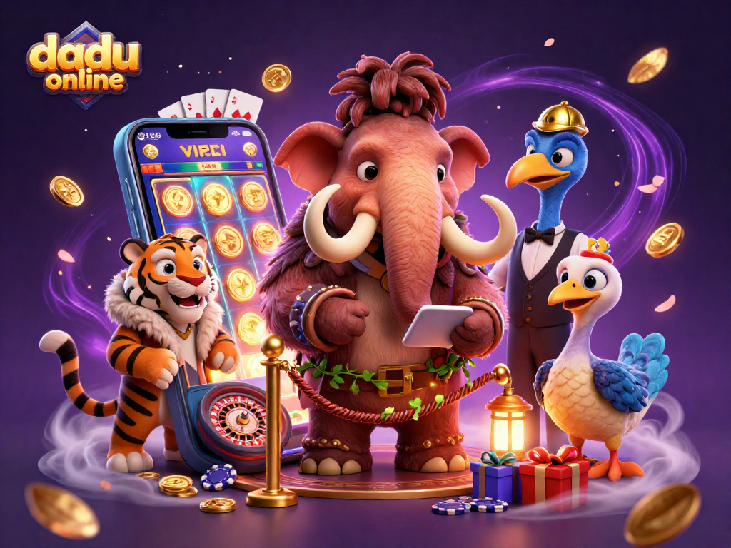 Experience dadu online excitement with a 3D illustrated casino scene featuring a woolly mammoth bouncer and vibrant gaming action.