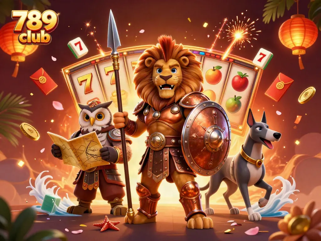 Experience the thrill of 789 club with vibrant slot reels and dynamic characters in a colorful casino scene.