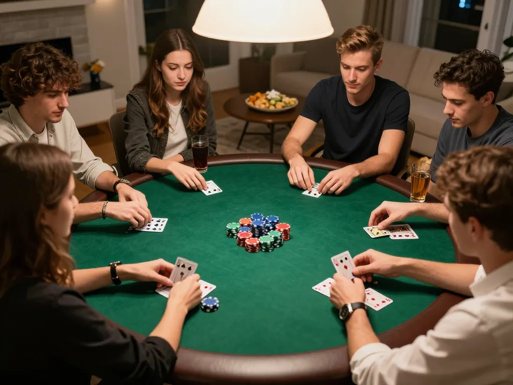 Friends enjoying a poker game at home, featuring CM88 strategic gameplay with colorful chips and cards.