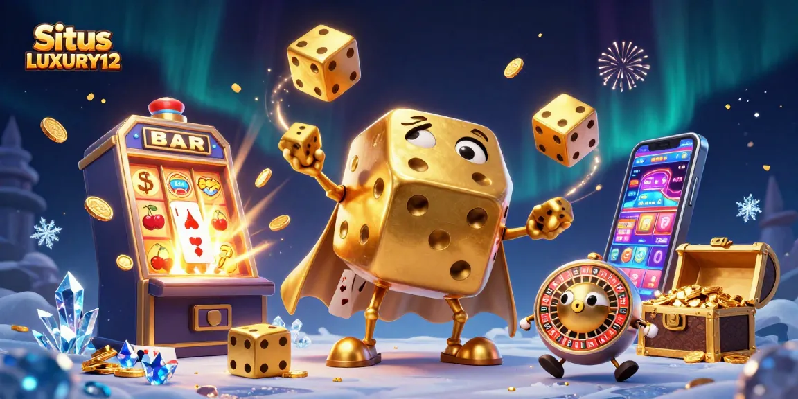 Engage with the thrilling adventures at Situs LUXURY12, showcasing golden dice and a dynamic slot machine.