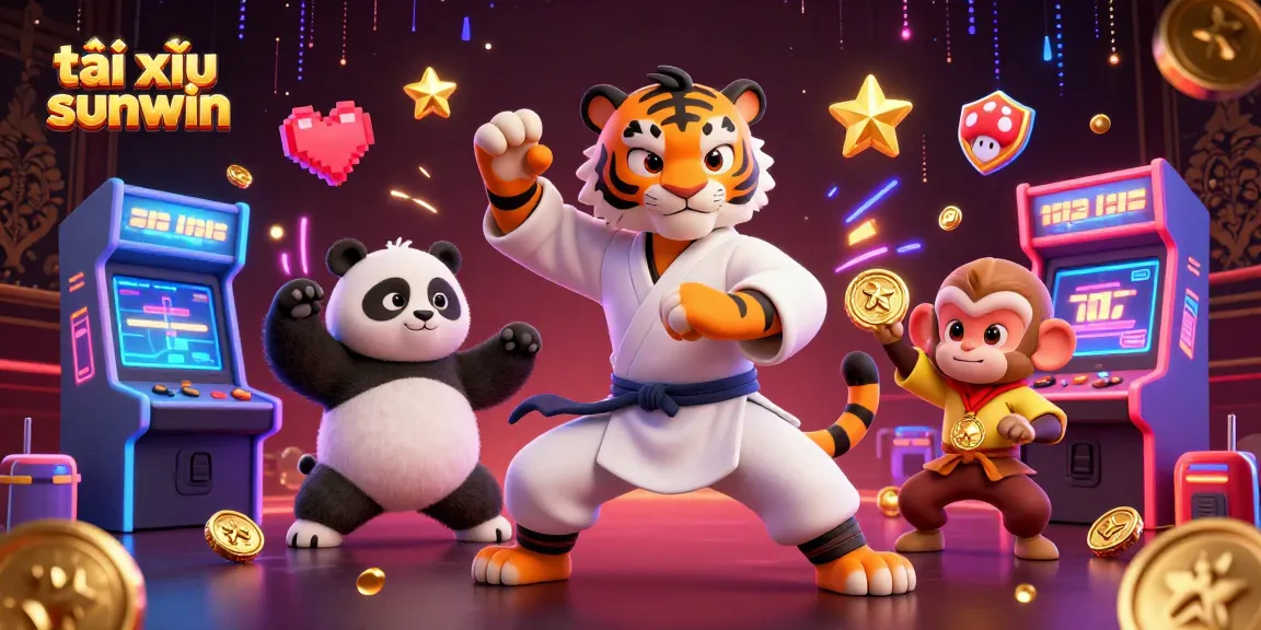 Tài xỉu sunwin showcases lively casino action with a kung fu tiger master and playful characters amidst vibrant game machines.