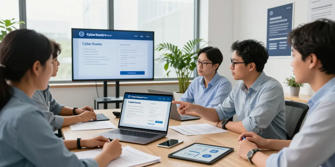 Team discussing how to get cyber essentials certified in a modern office setting, emphasizing teamwork and compliance.