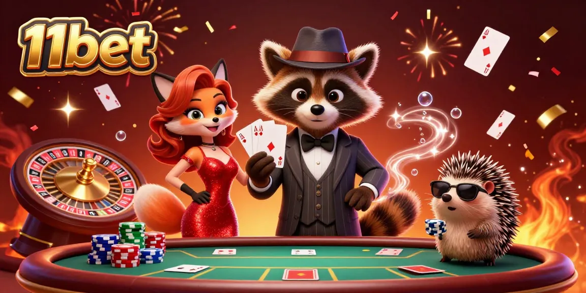 Join the action at 11bet with raccoon and fox in a vibrant casino scene featuring poker games.