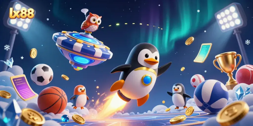 Engage in thrilling gameplay at lx88 with a vibrant 3D casino-themed scene featuring a golden penguin and sports elements.