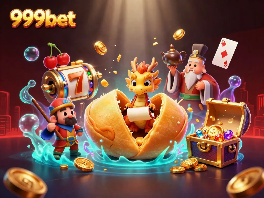 Experience thrilling gameplay with 999bet featuring a giant golden fortune cookie and a wise dragon in a colorful casino scene.