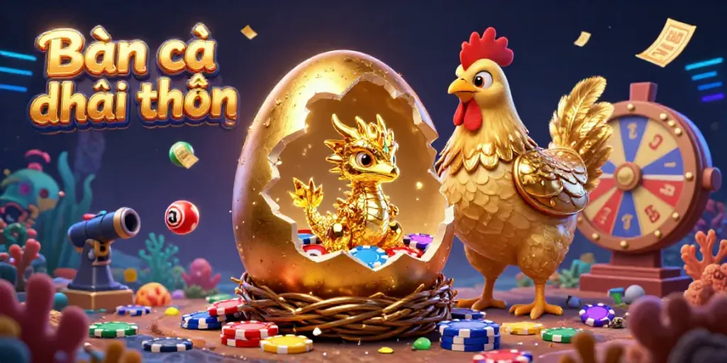 Engage in Bắn cá đổi thưởng with a golden dragon and colorful poker chips in a dazzling underwater realm.