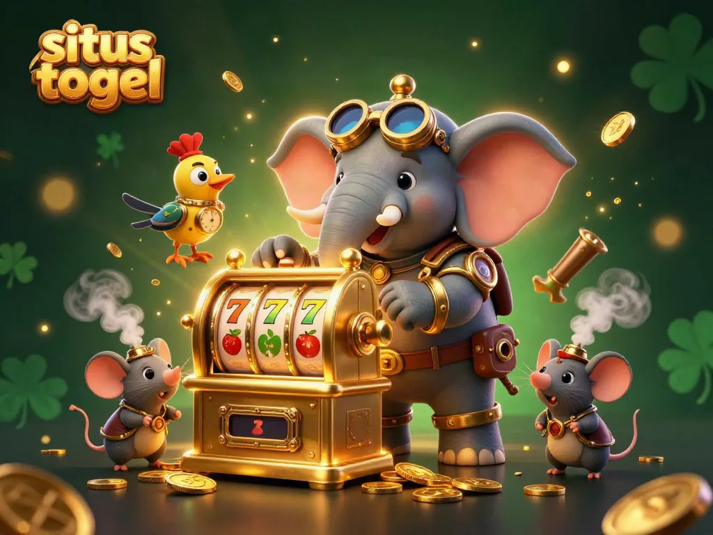Engage with situs togel in a dynamic 3D cartoon scene featuring a steampunk elephant engineer at a slot machine with game elements.