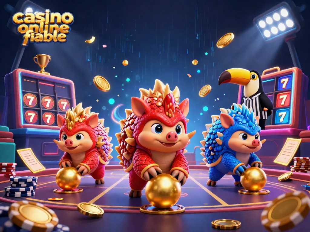 Los pangolines de rivalidad en un casino online fiable lanzan bolas doradas sobre fichas de póker mientras celebran.