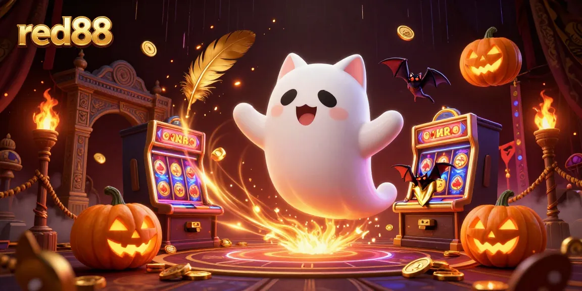 Engage with red88's thrilling haunted casino scene featuring playful ghost cat and glowing jack-o-lanterns.