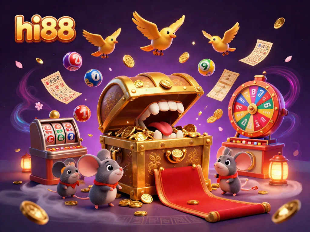 Win big with hi88's vibrant casino-themed illustration showcasing adventure and excitement in gaming.