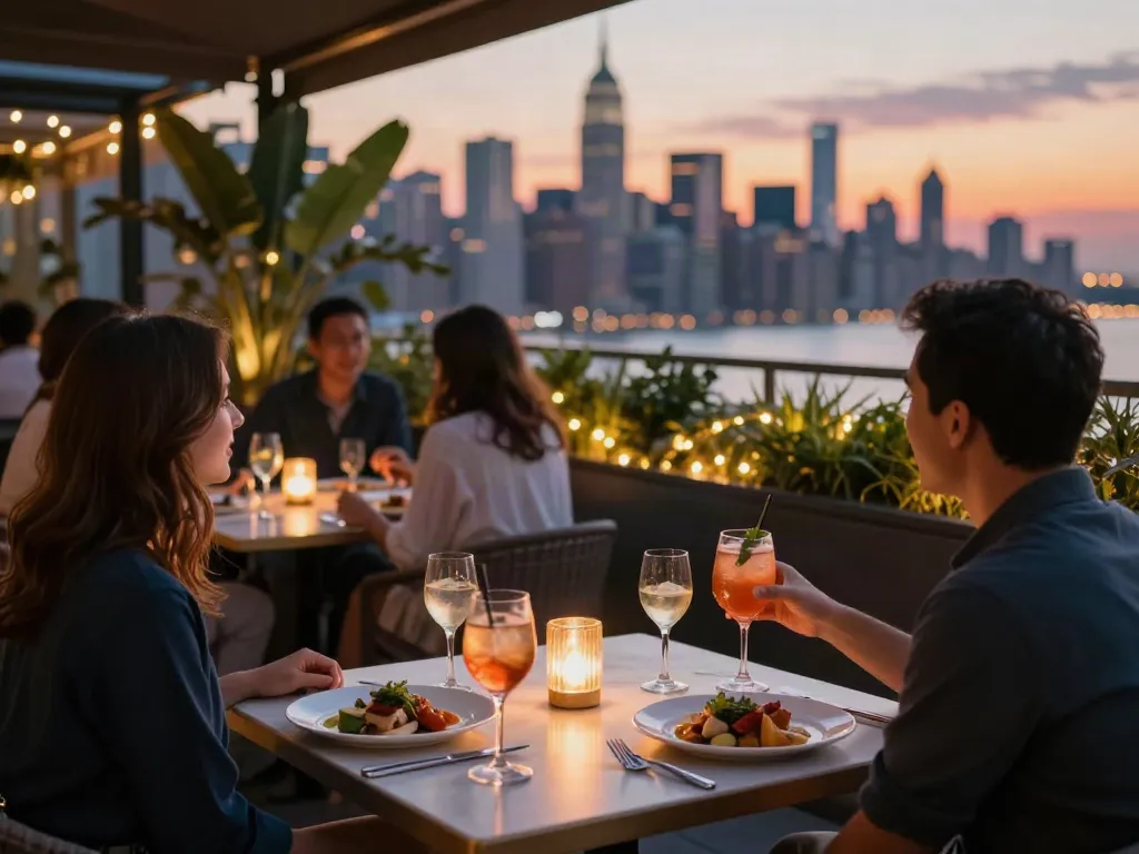 Guests enjoying gourmet food and drinks at NoHu Rooftop Bar with NYC skyline view.