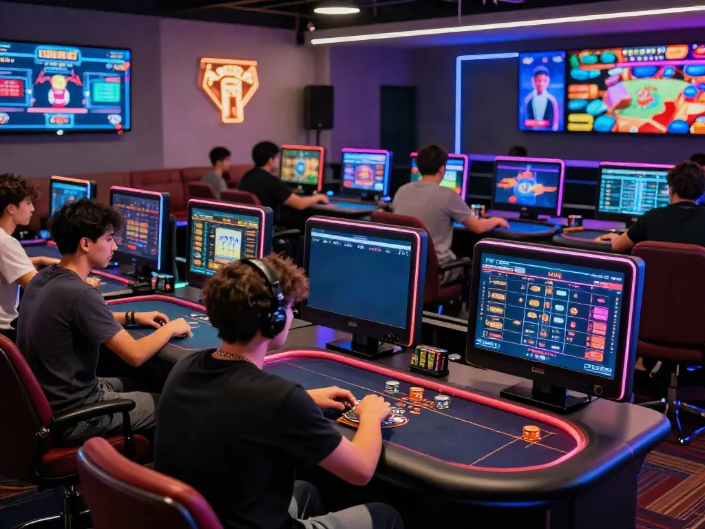 Exciting FABET online betting platform with diverse players and vibrant gaming stations.